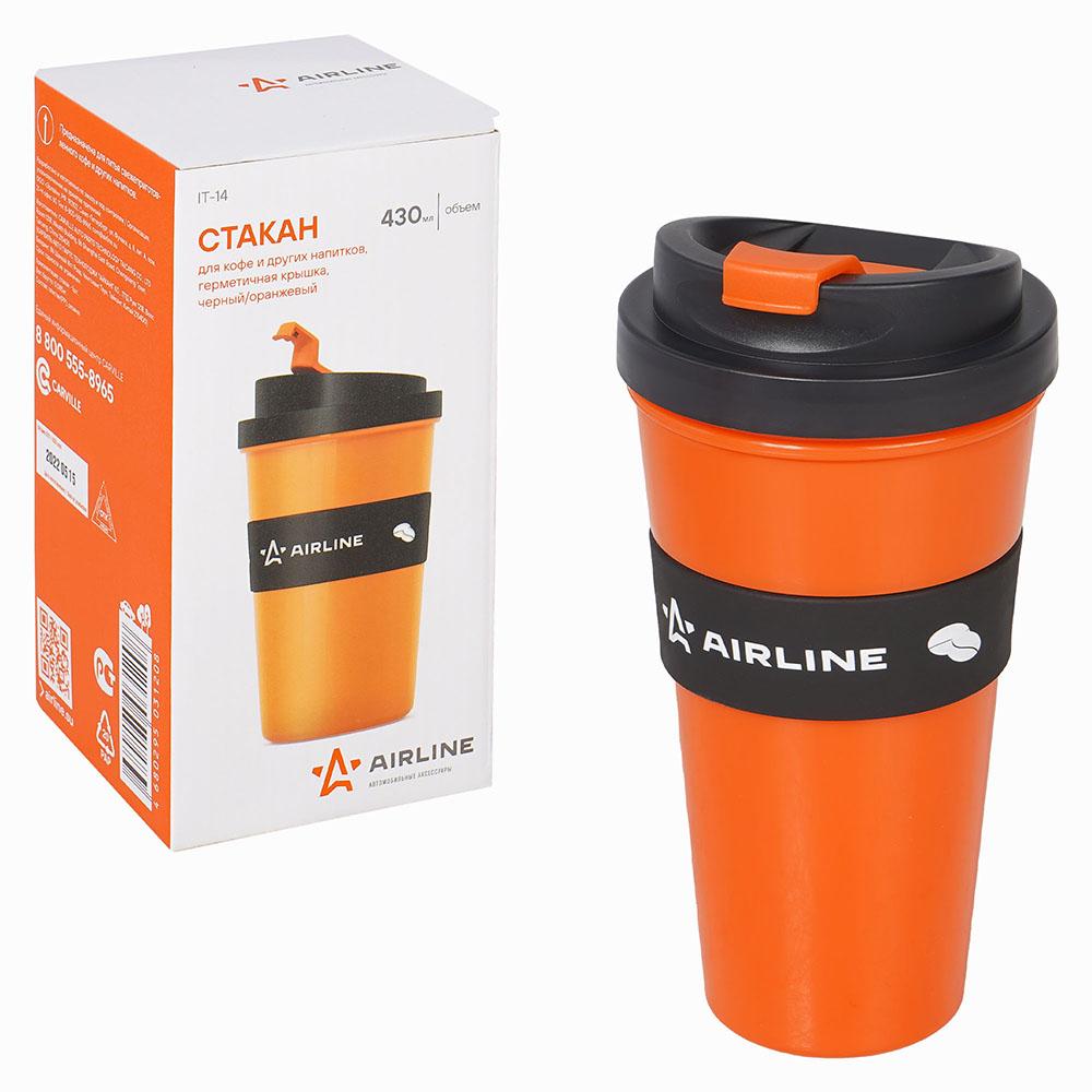 Стакан для кофе и др. напитков, герм. крышка, 430 мл., пластик, черн./оранж. AirLine IT-14