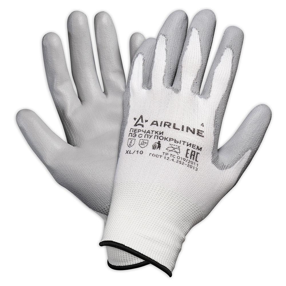 Перчатки полиэфирные с цельным ПУ покрытием ладони с подвесом (XL), бел./сер. AirLine AWG-N-02