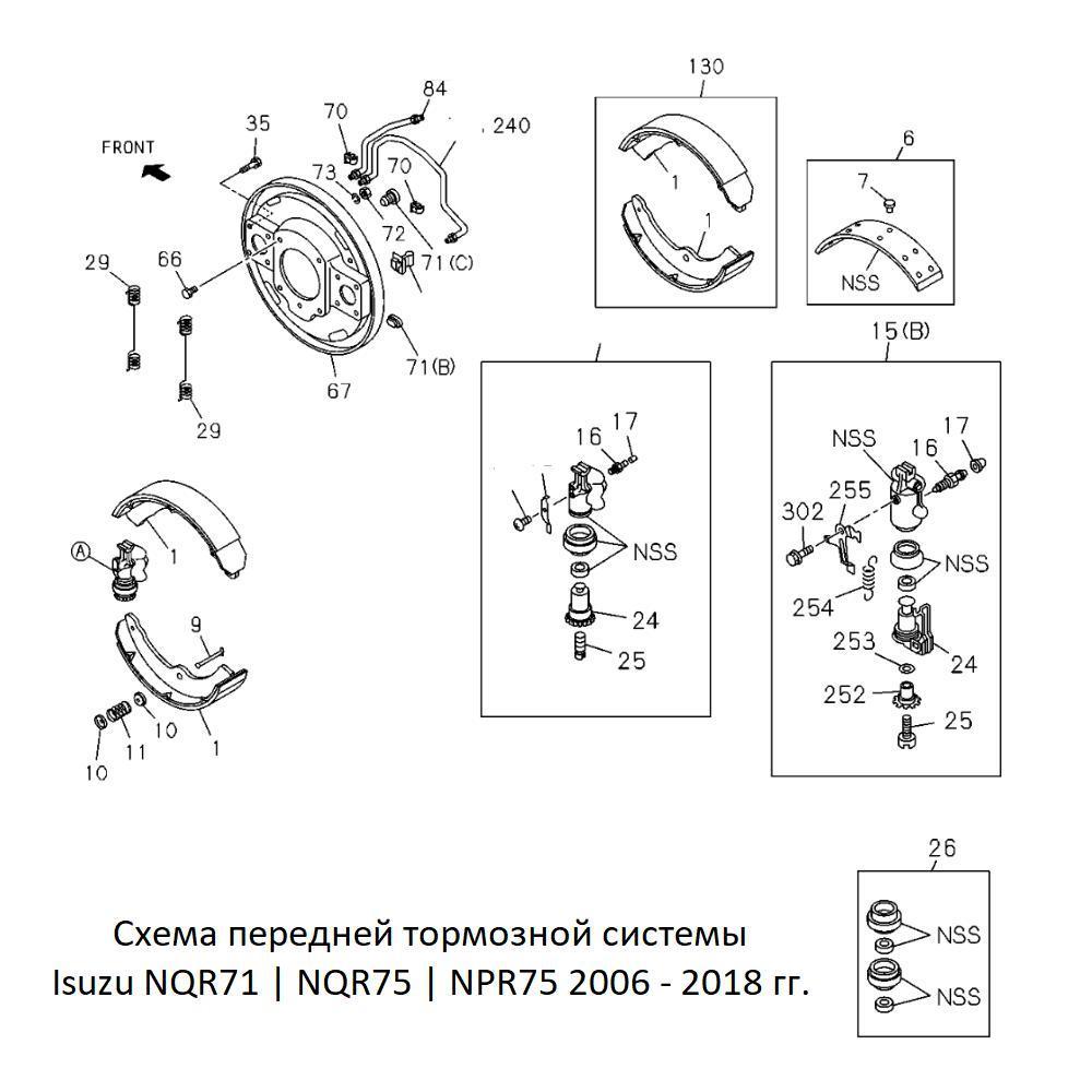 Схема передних тормозов Isuzu NQR71/NQR75/NPR75 2006-2018