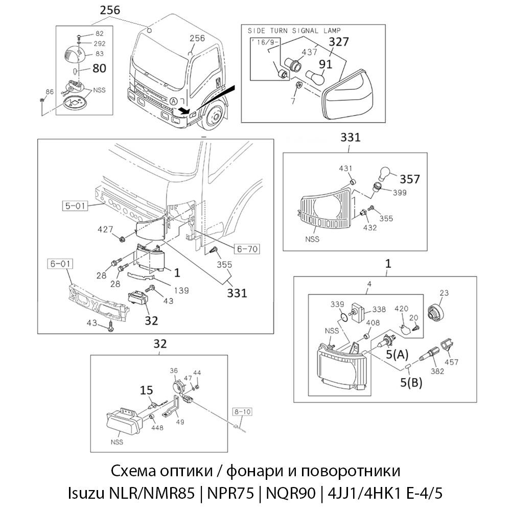 Схема решетки радиатора Isuzu NPR75 4HK1 Е-4 — расположение деталей и артикулы